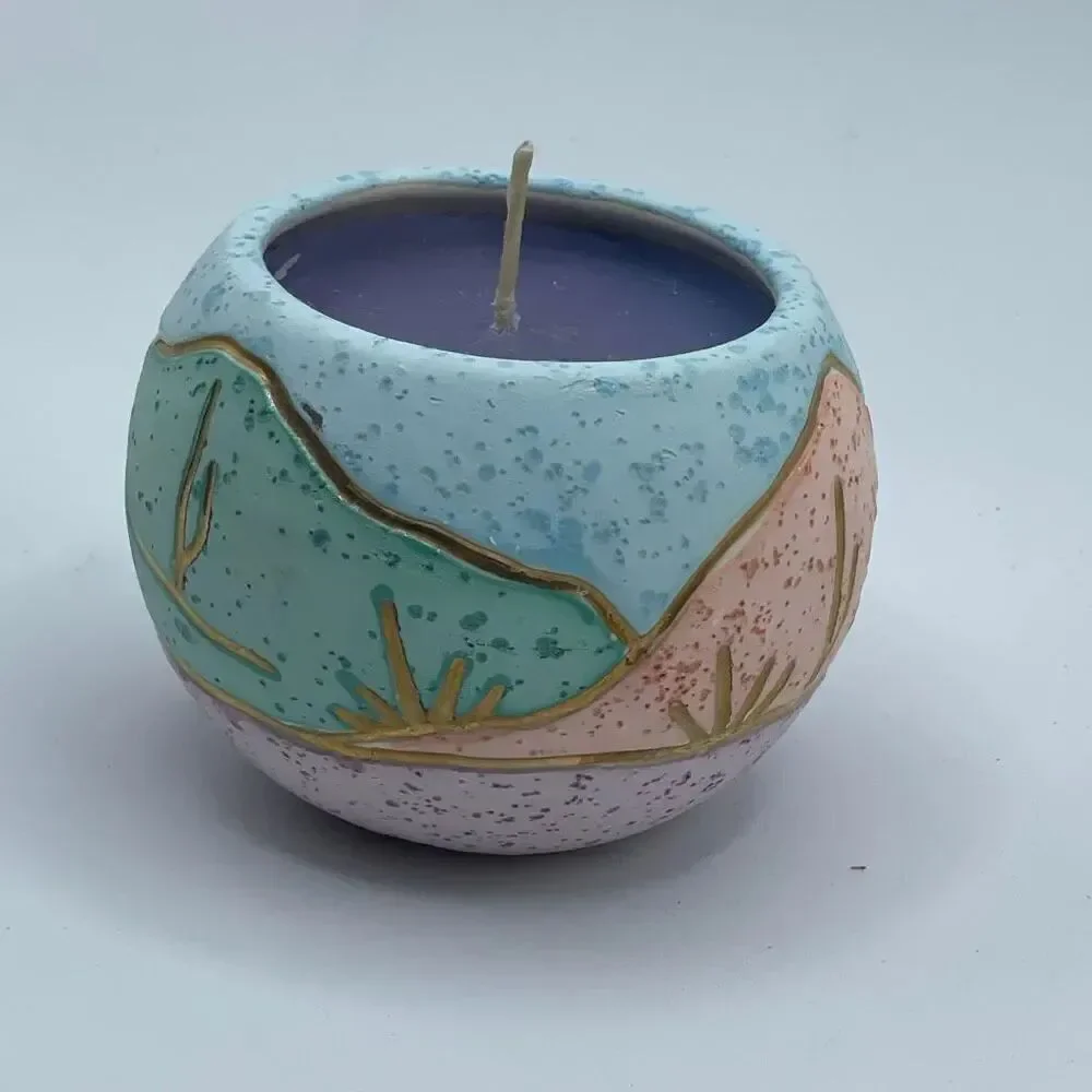 Handcrafted ceramic candle Southwestern landscape theme 22K gold accents
